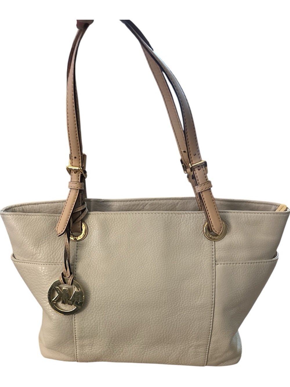 Michael Kors Cream Leather Shoulder Tote with Tan Straps